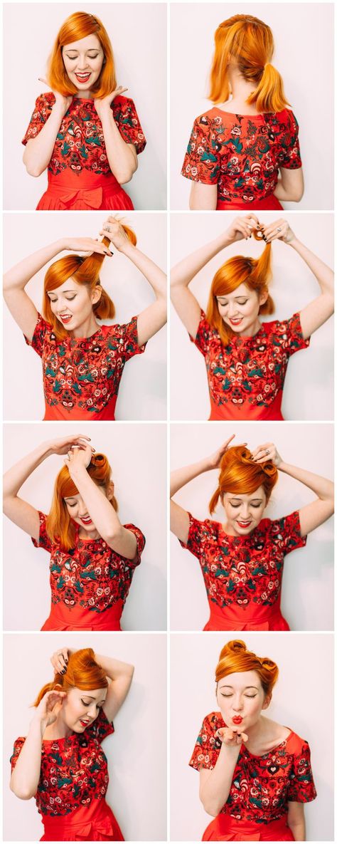 un tuto coiffure rockabilly facile et rapide étape par étape, comment réaliser des coques rétro dites victory rolls Easy Victory Rolls, Victory Rolls Short Hair, Updo Hacks, Victory Roll Hair, Cabelo Pin Up, Vintage Hairstyles For Long Hair, Rolls Easy, Vintage Hairstyles Tutorial, Up Hairdos