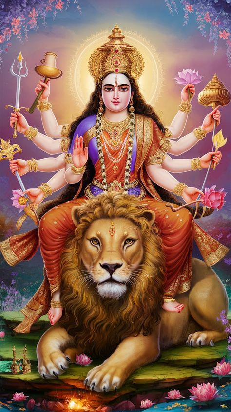 🌺 A stunning, intricately detailed portrait of the divine Hindu goddess Durga, seated majestically atop a powerful lion. Her eight arms are gracefully extended, each holding a symbolic object: a conch, discus, lotus, trident, sword, bow, arrow, and lotus flower. Durga's warm, radiant complexion contrasts beautifully with her vibrant red attire, adorned with exquisite gold jewellery. Her calm yet intense expression exudes a sense of peace and tranquillity. The background is a serene, colourful... Intense Expression, Navratri Devi Images, Goddess Kali Images, Lord Durga, Maa Durga Image, Detailed Portrait, Pictures Of Shiva, Durga Images, Lord Photo