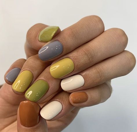 Short Multicolor Nails Fall, Simple Nail Color Combos, Nail Color Ideas Multicolor, Multi Colored Green Nails, Fall Multi Colored Nails, Multicolored Nails Winter, Fall Rainbow Nails, Multicolored Nails Fall, Winter Multicolor Nails