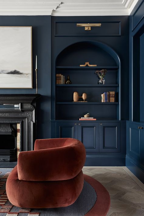 STREATHAM HILL VICTORIAN HOUSE — Blank Slate Studio Wfh Space, Handcrafted Dining Table, Dark Blue Living Room, Victorian Living Room, Dark Blue Walls, Blue Lounge, Blue Office, Blue Monday, Blank Slate