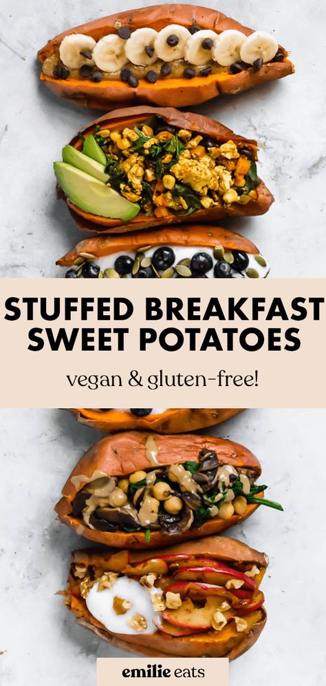 Switch up your morning meal by trying these 5 sweet potato breakfast recipes! All 5 recipes are vegan and gluten-free, plus they include both savory and sweet stuffed sweet potato options. These are healthy, tasty, easy to make. Potato Breakfast Ideas, Breakfast Sweet Potatoes, Sweet Potatoes Healthy, Sweet Potato Breakfast Recipes, Potatoes Healthy, Stuffed Sweet Potato, Potato Breakfast Recipes, Potato Breakfast, Vegan Breakfasts