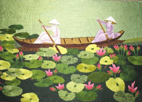 Water Lilies Pond, Embroidery Paintings, Beautiful Vietnam, Vietnam Art, Water Lily Pond, South Asian Art, Construction Business, Madison Wisconsin, Lily Pond