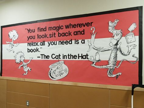 Cat In The Hat Bulletin Board Ideas, Cat In The Hat Bulletin Board, Pete The Cat Library Display, Cat In The Hat Poster, Thing 1 Thing 2 Bulletin Board Dr. Seuss, Dr. Seuss Door, Valentine Bulletin Boards, Dr Seuss Preschool, Dr Seuss Classroom