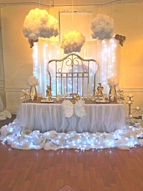 Angel theme babyshower Angel Theme Quinceanera, Angel Theme Decorations, Angelic Birthday Theme, Angel Quinceanera Theme, Heaven Themed Party Decoration, Angel Theme Wedding, Angel Wedding Theme, Heaven Themed Wedding, Angel Theme Baby Shower Ideas