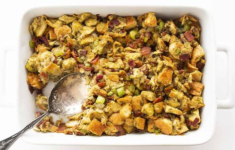 This Turkey Bacon Stuffing is infused with salty goodness of bacon... heaven in your plate! Stuffing, Stuffing Recipe, How to Make Stuffing, Easy Homemade Stuffing, Turkey Stuffing Recipe, Thanksgiving, Christmas, Recipes, i am homesteader Bacon Stuffing, Preparing A Turkey, Popular Pasta Recipes, Cranberry Stuffing, Turkey Stuffing Recipes, Turkey Bacon Wrap, Food Turkey, Farm Recipes, Homemade Stuffing