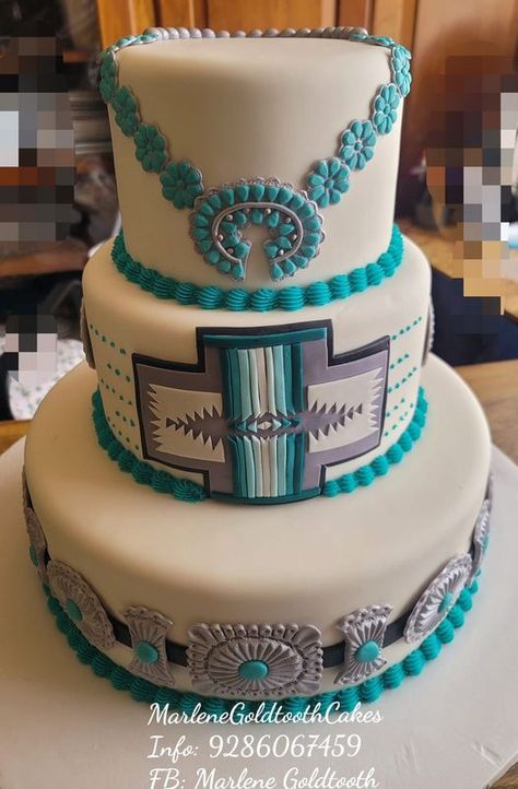 Native American Heritage | Turquoise wedding cake by Marlene Goldtooth of Tuba City.... Country Birthday Cakes, Native American Cake, Turquoise Wedding Cake, Western Birthday Cakes, Turquoise Cake, Western Wedding Cakes, Teal Cake, Extreme Cakes, Cowgirl Cakes