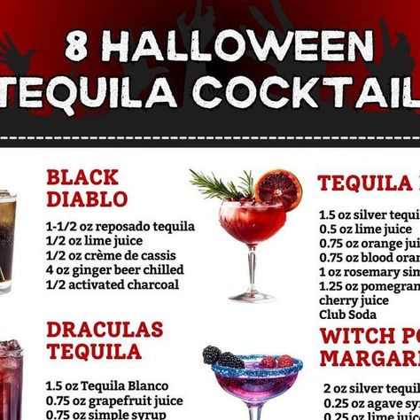 MyBartender.com | Cocktail Recipes + Tips on Instagram: "Shake up your Halloween party with spooky tequila cocktails! These frightfully fun drinks will keep the party going all night long. 🧙‍♀️🧟

#halloweentequilacocktails #halloweendrinks #halloween #partydrinks #tequila" Tequila Drinks Halloween, Tequila Halloween Drinks, Reposado Tequila, Halloween Cocktails, Tequila Cocktails, Halloween Drinks, Cherry Juice, Club Soda, Grapefruit Juice