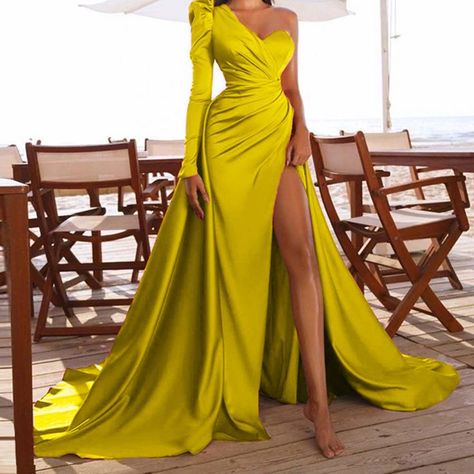 Cocktail Dress Elegant, Cocktail Dress Yellow, Asymmetrical Collar, Satin Formal Dress, Maxi Dress Summer, Long Sleeve Evening Gowns, Maxi Dress Outfit, Long Sleeve Cocktail Dress, Elegant Prom Dresses