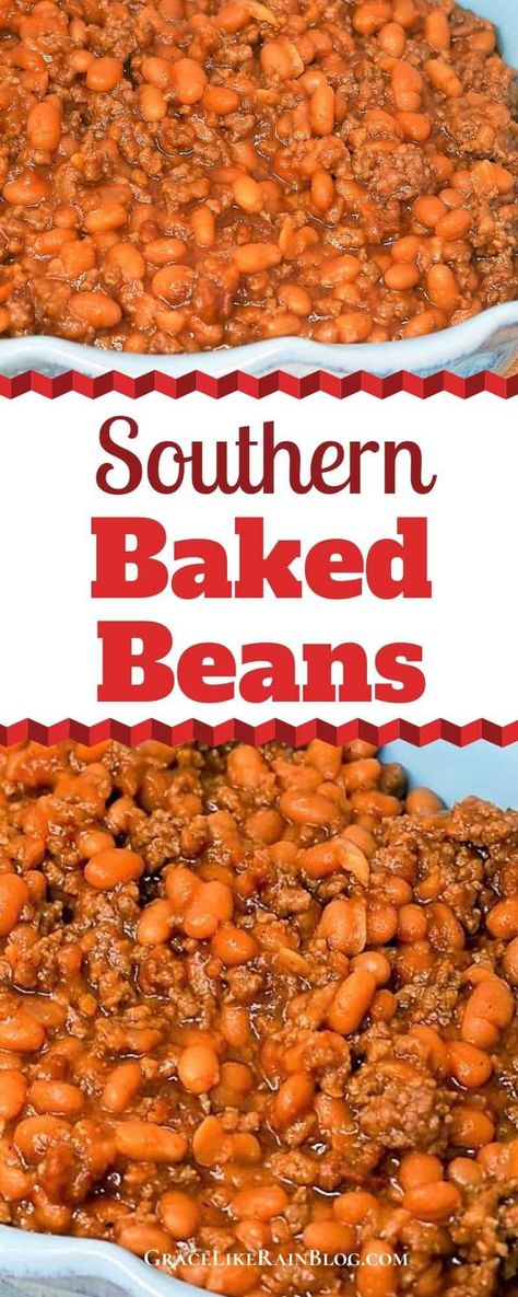 Southern Baked Beans are the perfect side dish for your summer BBQ or holiday get-together. These oven-baked beans with ground beef and onions are a little bit sweet and a little bit spicy. This is a family-favorite dish that is requested over and for holiday dinners. | Southern Baked Beans with Ground Beef | Southern Side Dishes | Holiday Sides | Thanksgiving dinner | Christmas Dinner | Baked Beans with hamburger meat | #thanksgiving #christmas #sidedishes Beans With Hamburger Meat, Baked Beans With Hamburger Meat, Baked Beans With Hamburger, Baked Beans With Ground Beef, Beans With Ground Beef, Southern Baked Beans, Beef And Onions, Recipe With Ground Beef, Best Baked Beans