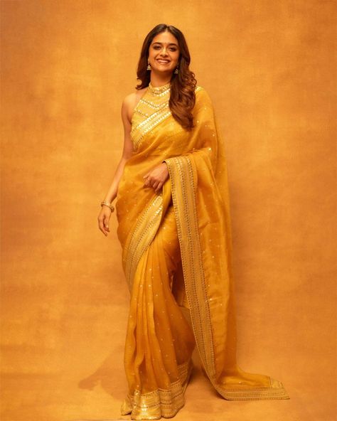 Mango Yellow Saree, Baby Pink Saree, Keerthi Suresh, Checks Saree, Keerthy Suresh, Organza Silk Saree, Peace And Happiness, Saree Silk, Yellow Saree