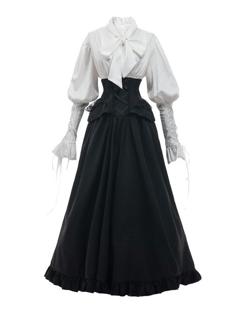 PRICES MAY VARY. Package Included - 1* Victorian blouse; 1* Maxi skirt. Material - The victorian blouse is made of satin, glossy textured fabric, very noble and elegant. The retro skirt is made of polyester, very soft and comfortable to wear, heavy hem and not see-through. Features - Elegant V-neck, the front ribbon can be tied into a large bow, lantern sleeve with drawstring ruffle cuffs, and lace-up on the back to adjust the waist. The corset belt-style victorian skirt is full length and can a Victorian Dress Costume, Victorian Skirt, Vintage Ball Gowns, Victorian Blouse, Retro Skirt, Victorian Costume, Costume Women, Victorian Clothing, Vintage Blouse