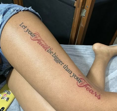 Thigh And Calf Tattoos Women, Word Leg Tattoos For Women, Word Thigh Tattoo Women, Thigh Tats For Women Meaningful, Tattoo Ideas Female Meaningful Unique Leg, Thigh Word Tattoo Women, Leg Word Tattoo, Small Leg Tats, Leg Writing Tattoo