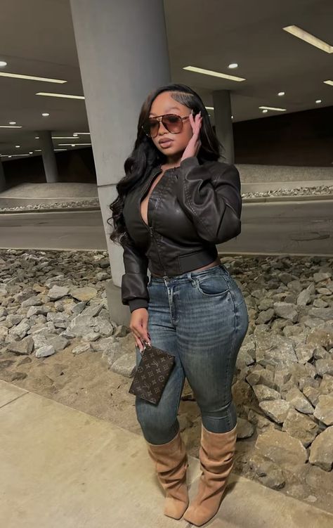 Shark Boots With Jeans, Cute Casual Birthday Outfits Winter, Outfits For Slim Black Women, Bon Fire Outfit Women, Leg Boots Outfit, Leather Leggings Date Night Outfit, Outfits For Busty Black Women, Curvy Birthday Outfit, Kash Doll Outfit