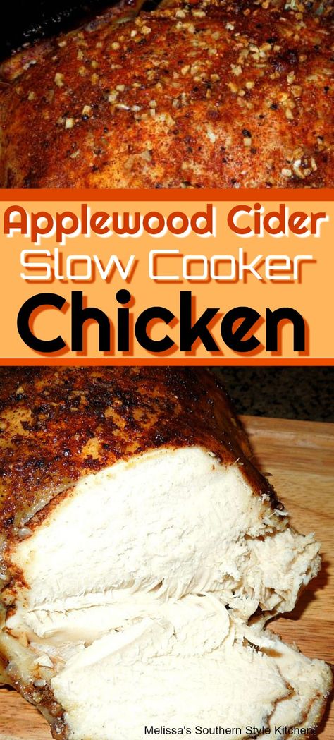 Applewood Cider Slow Cooker Chicken - melissassouthernstylekitchen.com Applewood Chicken, Delicious Chicken Dinners, Crockpot Dishes, Crock Pot Slow Cooker, Crockpot Recipes Slow Cooker, Crockpot Meals, Crock Pot Cooking, Slow Cooking, Slow Cooker Chicken