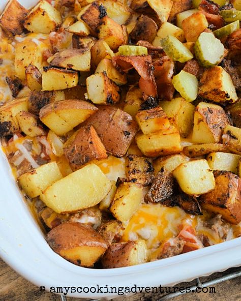 Deconstructed Bacon Cheeseburger Casserole #FantasticalFoodFight Bacon Cheeseburger Potato Casserole, Pan Fried Potatoes, Bacon Cheeseburger Casserole, Pickle Slices, Cheeseburger Casserole, Thick Cut Bacon, Diced Potatoes, Bacon Cheeseburger, Potato Casserole