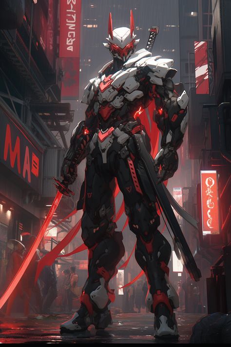 Robot Swordsman Concept Art, Samurai Mecha Robots, Robot Armor Concept Art, Robot Samurai Concept Art, Samurai Future, Red Mecha, Mecha Concept Art, Samurai Robot, Mecha Samurai