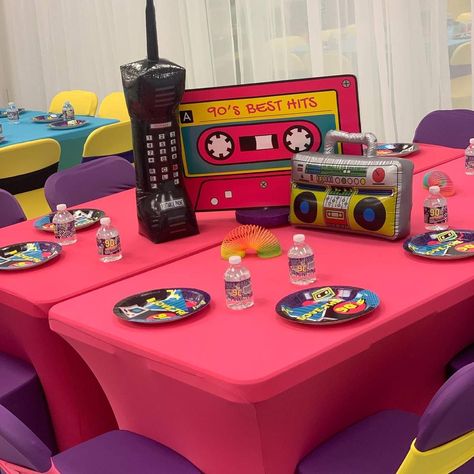 90s Party Food Table, 90s Theme Party Decorations Table Centerpieces, 90s Candy Bar Party Ideas, 1990 Birthday Party Ideas, 90s Birthday Party Theme Decoration, 1990s Birthday Party Theme, Halloween Movie Night Party, 90s Theme Party Decorations, 90s Party Ideas