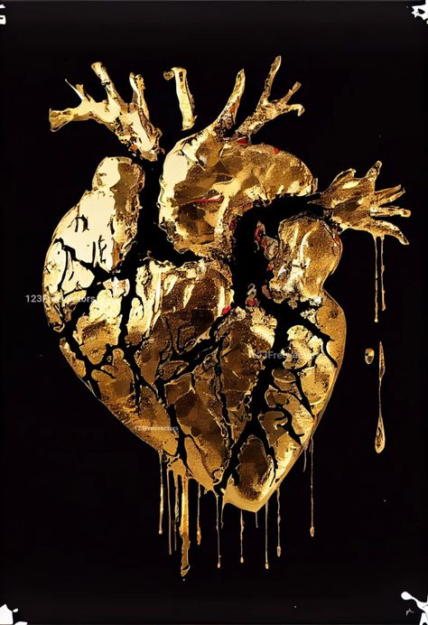 Gold Aesthetic Drawing, Gold Heart Drawing, Golden Heart Aesthetic, Heart Of Gold Aesthetic, Heart Fantasy Art, Dark Gold Aesthetic, Human Heart Art, Black Paper Background, Anatomical Heart Art