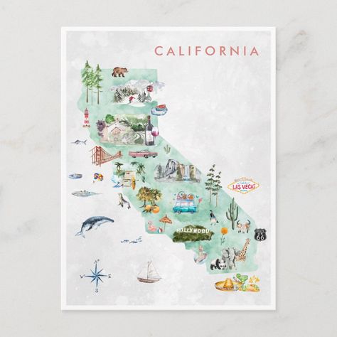 Map Of California, Vintage Postcards Travel, California Poster, California Map, Travel Postcard, Illustrated Map, The Favorite, Unique Wall Art, Vintage Travel