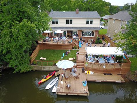 Waterfront Backyard Ideas, Waterfront Backyard, Waterfront Deck, Lakeside Deck, Lake House Deck, Lake Deck, Lake Landscaping, Boat House Interior, Lakefront Living