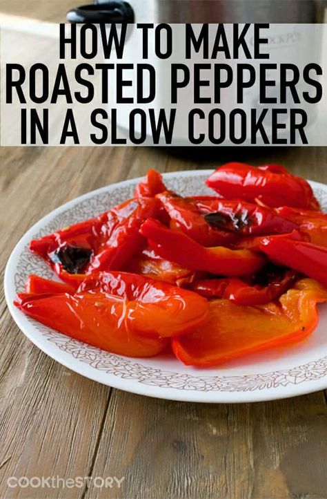 Did you know that you can make roasted peppers in the slow cooker? You can! They turn out with a flavor just like peppers roasted in the oven or over a flame but they're easier to make, and to peel! These are easy to do and the skin is still charred, but this is much safer. #recipe #slowcooker #crockpot #pepper #easyrecipe via @cookthestory Canning Granny, Crockpot Stuffed Peppers, Slow Cooker Stuffed Peppers, Perfect Roast Chicken, Paleo Chicken Recipes, Bell Pepper Recipes, Slow Cooker Roast, Crockpot Roast, Veggie Noodles