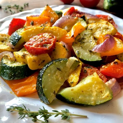 Bursting with flavor, these Mediterranean Roasted Vegetables are tossed with olive oil, herbs & spices, and then cooked to perfection! Greek Mixed Vegetables, Mediterranean Roasted Vegetables, Herbs Spices, Roasted Vegetables, Olive Oil, Herbs