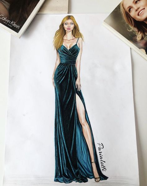 Drawing Ideas Fashion, Velvet Illustration, Girl Dress Drawing, Dress Drawing Ideas, Dress Drawing Easy, Drawing With Color, Fashion Illustration Poses, Fashion Model Sketch, Dress Illustration