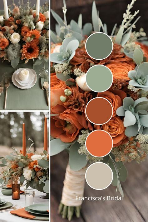 10 Stunning Orange Wedding Color Palette Ideas for Your Special Day - Francisca's Bridal Spring Wedding Burnt Orange, Sage And Orange Wedding Colors, Orange Wedding Colors Summer, Tangerine Wedding Colors, Copper Spring Color Palette, Summer Wedding Schemes Colour Palettes, Burnt Orange Wedding Palette, Burnt Orange Spring Wedding, Burnt Orange Color Palette Wedding