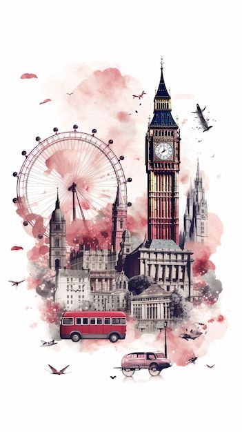 London Watercolor Paintings, Aesthetic Wallpaper London, London Tattoo Ideas, Aesthetic London Wallpaper, Painting Of London, England Painting, Lake Tattoo, London Illustration, London Wallpaper