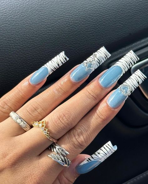 Mail Gem Placement, Zebra Nail Designs, Zebra Print Nails, Blue And White Nails, Business Nails, Zebra Nails, S Nails, Airbrush Nails, Blue Acrylic Nails