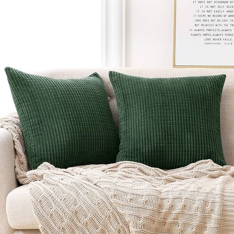 Deconovo Set of 2 Home Decorative Corduroy Green Cushion Covers 45cm x 45cm, 18x18 Inches Grid Solid Cushion Covers, Square Throw Pillow Cases for Sofas Seats(Dark Green, 2 Pieces) : Amazon.co.uk: Home & Kitchen Forest Green Throw Pillows, Green Pillows Bedroom, Dark Green Pillows, Dark Green Throw Pillows, Corduroy Cushion, Green Cushion Covers, College Bedroom, Rainbow Style, Nursery Curtains