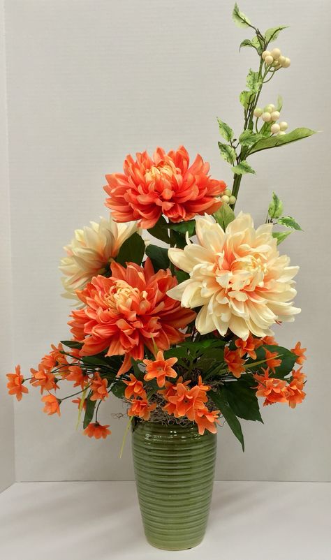 Green Vase Flower Arrangements, Orange Yellow Flower Arrangements, Green Vases With Flowers, Dahlia Arrangements Floral Design, Green Vase With Flowers, Orange Flower Arrangements, Orange Floral Arrangements, Graduation Money Bouquet, Yellow Dahlias