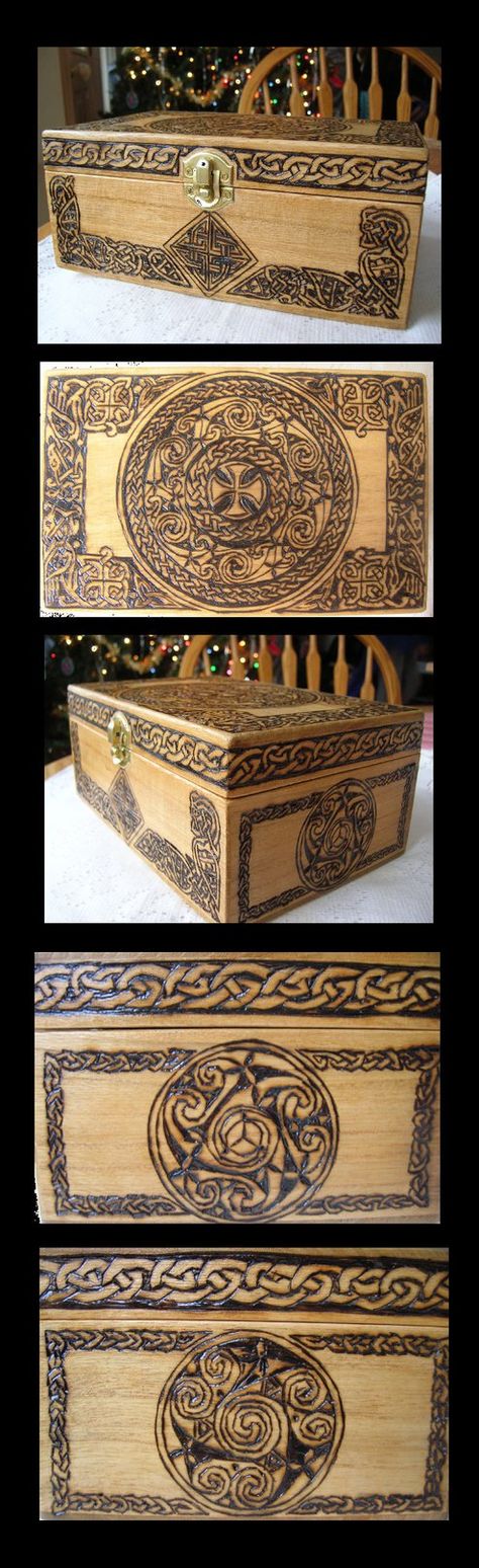 Celtic Jewelry Box December 19th, 2013 Pyrography This celtic jewelry box is a Christmas gift I made for my twin sister. It took an INSANE amount of time. Wood-burning Celtic knots takes FOREVER. Wood Burning Boxes Design, Wood Burned Jewelry Box Design, Wood Burning Art Ideas, Wood Burning Jewelry Box, Pirogravura Ideas, Celtic Pyrography, Jewelry Box Plans, Woodburning Projects, Pyrography Art