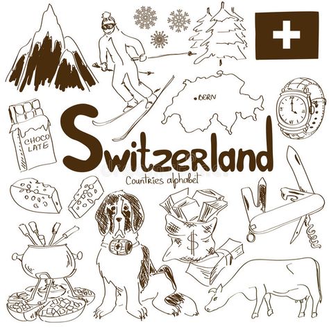 Switzerland Activities, Switzerland Decor, Scotland Symbols, Switzerland Art, Geography Project, Europe Day, Sticker Tattoo, Travel Retail, Hand Drawn Map