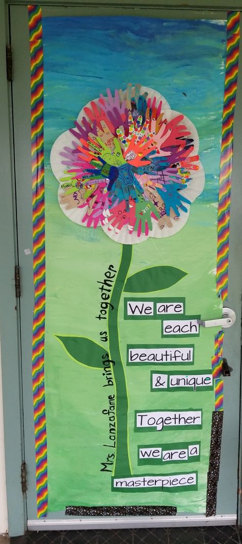 Teacher appreciation poster banner handprint blooms. "We are each beautiful and unique; together we are a masterpiece." Ms. Teacher brings us together along flower stem. Flower Teacher Appreciation Door, Together We Are A Masterpiece, Teacher Appreciation Week Poster, Teacher Appreciation Poster, Teacher Appreciation Doors, Art Docent, World Teacher Day, School Door Decorations, School Doors