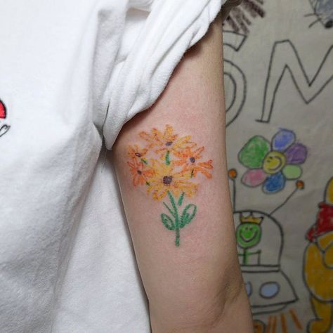 Tattoo uploaded by mello | Crayon tattoo by Mello #Mello #Mellowhatever #crayontattoo #childdrawing #childlike #fun #cute #koreanartist #seoultattoo #flower | 1476455 | Tattoodo Crayon Tattoo, Yellow Chrysanthemum, Family Flowers, Crayon Drawings, Book Tattoo, Fun Cute, Korean Artist, Tiger Lily, Rose Tattoo