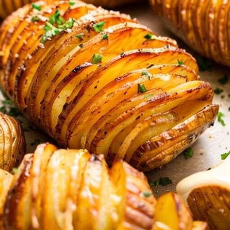 Tasty Hasselback Potatoes! Delicious Sides, Food Fusion, Hasselback Potatoes, Herb Cheese, Grated Cheese, Yummy Sides, Minced Garlic, Baking Sheet, Breakfast Ideas