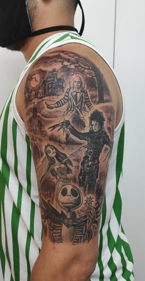 Black And Grey Tim Burton Tattoo, Tim Burton Half Sleeve Tattoo, 9 Tattoo Tim Burton, Tim Burton Sleeve Tattoo Women, Tim Burton Leg Tattoo, Tom Burton Tattoos, Dark Disney Tattoos Tim Burton, Tim Burton Themed Tattoos, Tim Burton Characters Tattoo