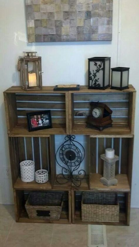 Wooden Crate Shelves, Crate Decor, Modern Farmhouse Furniture, Crate Table, Crate Ideas, Crate Shelves, Inside Decor, Crate Furniture, Diy Furniture Renovation