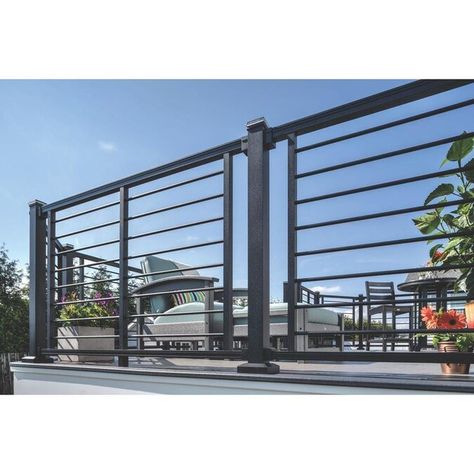 Trex Signature 6-ft x 1.75-in x 36-in Charcoal Black Aluminum Deck Rail Kit with Balusters (23-Piece and Assembly Required) in the Deck Railing department at Lowes.com Hogwire Loft Railing, Simple Metal Railing Outdoor, Horizontal Deck Railing, Deck Railing Kits, Deck Stair Railing, Metal Deck Railing, Deck Railing Systems, Aluminum Railing Deck, Aluminum Balusters