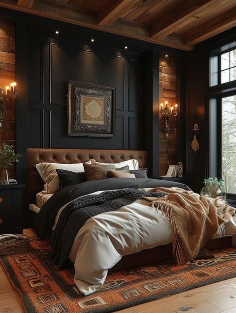 Black Bedroom Wood Accents, Black Interior Home Decor, Forrest Green Color Scheme Bedroom, Master Bedrooms Decor Cozy Relaxing Dark, Dark Cozy Bedroom Ideas Romantic, Wood Ceiling Bedroom, Moody Luxe, Masters Bedroom, Cabin Bedrooms