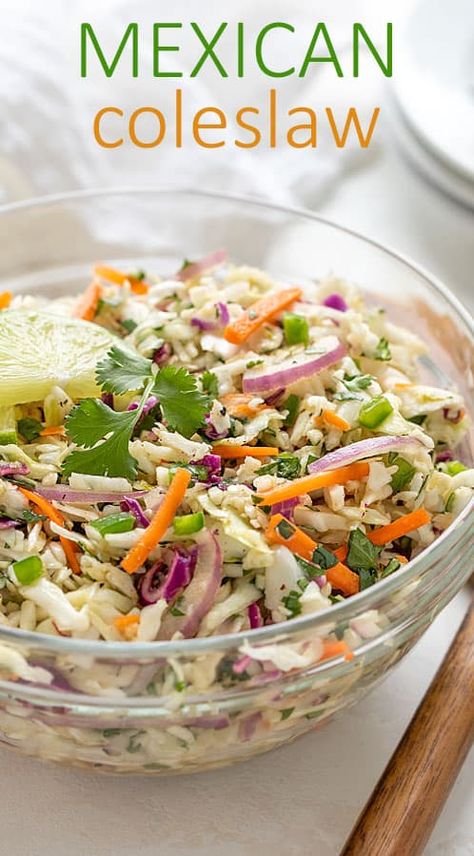 Using a prepared coleslaw mix slashes time in this easy and refreshing Mexican Coleslaw (no mayo!). Serve it as a side dish or as a topping on your favorite tacos! Carolina Coleslaw Recipe, Coleslaw No Mayo, Mexican Coleslaw, Mexican Slaw, Salad Kale, Coleslaw Recipe Easy, Mexican Side Dishes, Lake Food Ideas Summer, Food Ideas Summer