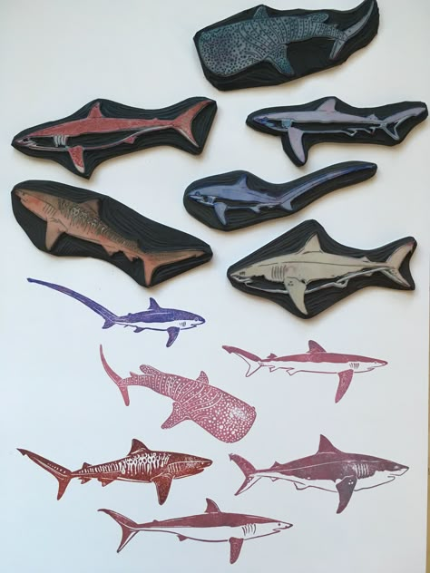 Arts And Crafts Era Design, Linocut Stamps Ideas, Shark Linocut, Shark Stamp, Stamp Carving Ideas, Lino Print Ideas, Lino Ideas, Rubber Stamps Diy, Linocut Ideas