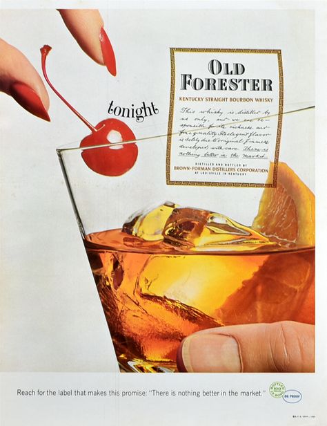 Vintage 1963 Old Forester Kentucky straight bourbon whisky ad.  The colorful whiskey sour with a cherry on top would look amazing in your retro chic home bar.  I think black frame would be perfect.  Check out the Retro Reveries Etsy shop or website (Retro-Reveries.com) for more retro advertising art. #RetroReveries #etsy #retrochic #60swalldecor #retroshopart #midcentury #style #affordableart #whiskeysour Cocktail Pictures, Sour Cocktail, Vintage Poster Design, Whiskey Sour, Cocktail Art, Retro Advertising, Home Bar Decor, Vintage Cocktail, Vintage Bar