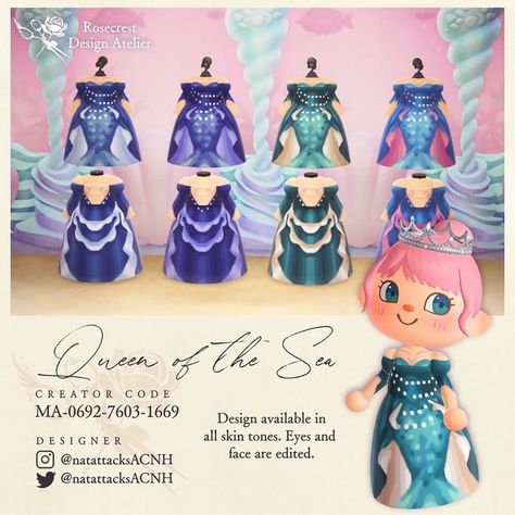 Acnh Mermaid, Queen Of The Sea, Animal Crossing Guide, Animal Crossing Qr Codes Clothes, Qr Codes Animal Crossing, Animal Crossing Characters, Mermaid Outfit, Animal Crossing Villagers, Tidal Wave