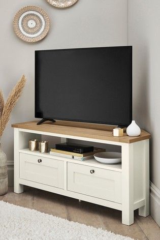 Malvern Corner TV Stand Oak Tv Corner Unit, Tv Over Cabinet, Corner Tv Living Room Layout Mounted Tv, Living Room Designs Corner Tv, Tv Stand For Bedroom Small Spaces, Living Room With Corner Tv, Corner Tv Stand Ideas Living Rooms, Corner Tv Cabinet Ideas, Tv Corner Unit Ideas