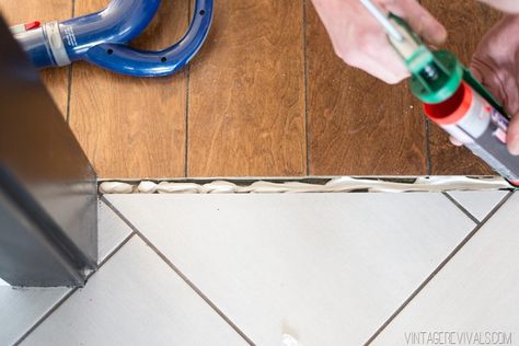 Vintage Revivals | How to Make Your Own Threshold Piece for Wood Flooring (from Leftovers!!) Wood Threshold Transition, Tile To Wood Transition, Sound Proof Flooring, Laminate Flooring Diy, Floor Transition Strip, Transition Flooring, Diy Wood Floors, Soundproofing Material, Entryway Flooring