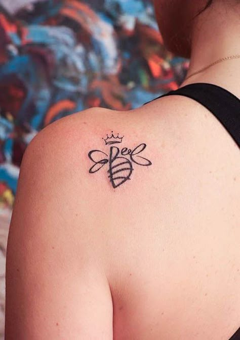 48 Unique Bee Tattoos with Meaning - Our Mindful Life Cute Queen Bee Tattoo, Bee And Crown Tattoo, Bee Trail Tattoo, Queen Bumble Bee Tattoo, Mom And Daughter Bee Tattoos, Simple Bee Tattoos For Women, Bee Queen Tattoo, Bee Strong Tattoo, Infinity Bee Tattoo