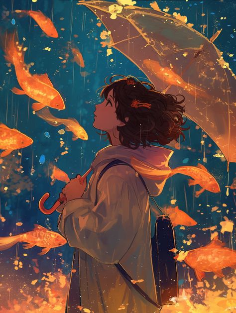 By 根暗 / @elielinjp  #aigenerated #midjourney #goldfish #illustration #background #wallpaper #umbrella #rain Anime Umbrella Pose, Water Reflection Illustration, Raining Drawing, Umbrella Reference, Rain Digital Art, Comfort Illustration, Goldfish Illustration, Raining Art, Anime Rain