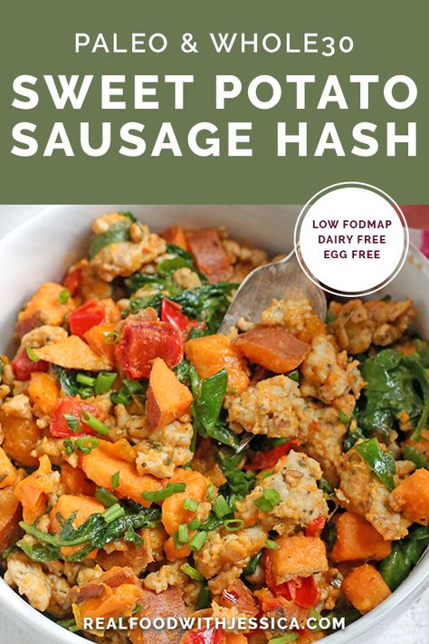 This Paleo Whole30 Sweet Potato Sausage Hash is a great egg-free breakfast. A filling meal that is gluten free, dairy free, and low FODMAP. #glutenfree #whole30 #paleo #dairyfree #lowfodmap | realfoodwithjessica.com @realfoodwithjessica Sweet Potato Sausage, Whole30 Sweet Potato, Potato Sausage, Fodmap Breakfast, Egg Free Breakfast, Sausage Hash, Whole 30 Breakfast, Tasty Breakfast, Paleo Recipes Easy